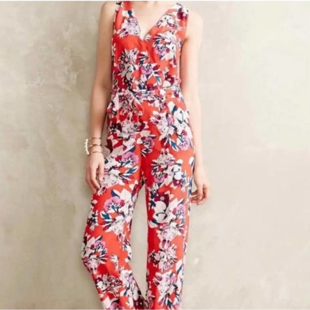 Gorgeous Yumi Kim Red Silk Floral Jumpsuit with pockets and waist tie, size M